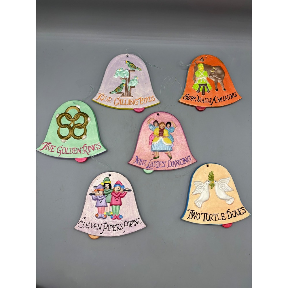 Vtg 12 Days of Christmas Bell Ornaments Hand Painted Chalkware‎ Plaster Decor